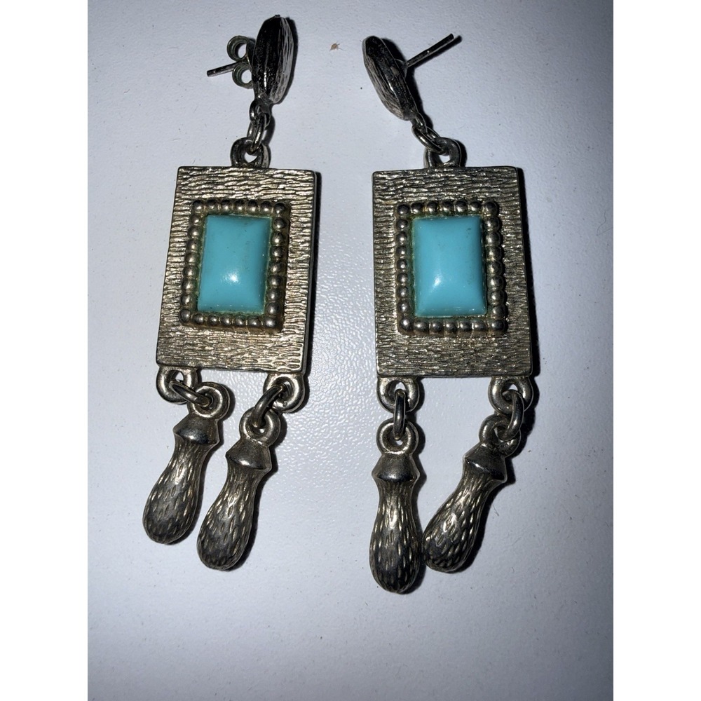 Silver‎ Tone Faux Turquoise Blue Stone Pierced Dangle Earrings